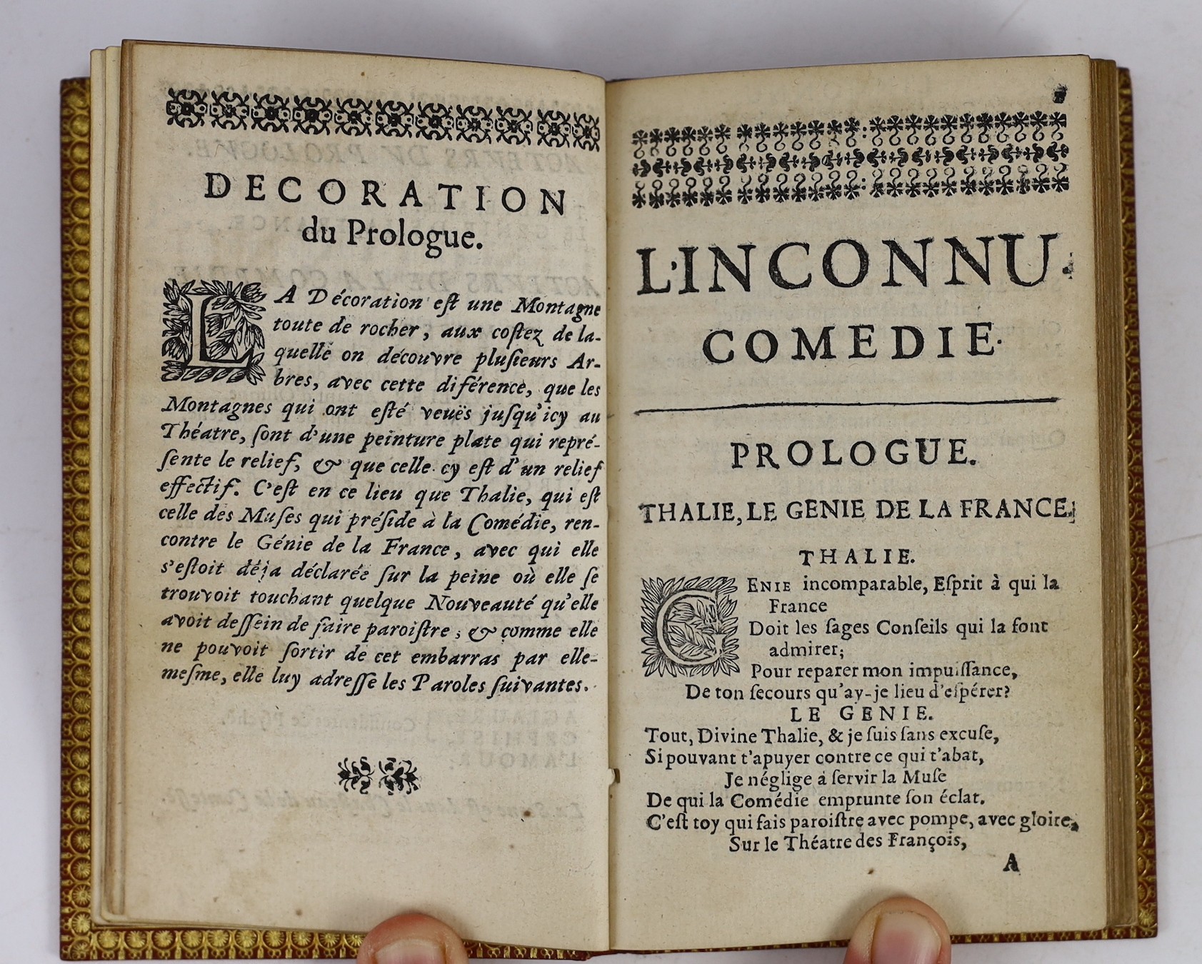Cornielle, Thomas - L’Inconnu: comedie meslee d’ornemens et de musique, 12mo, red morocco, probably by Belz-Niedree, includes rare final leaf pp 113-114, Jean Ribou, Paris, 1676